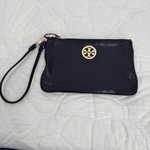 Tory Burch Wristlet Clutch Womens Black Leather Logo Zip Small Bag Purse